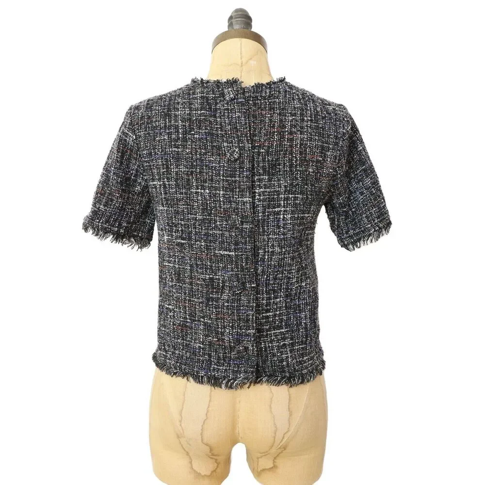 GREYLIN Tati Tweed Fringe Top XS Black Short Sleeve Crewneck Button Back EUC B32